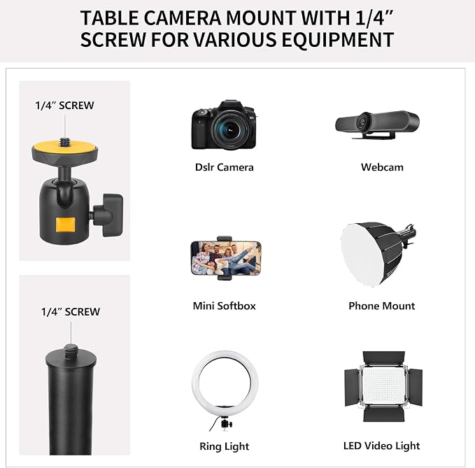 Camera Desk Mount Table Stand with Ball Head, Adjustable Light Stand with 1/4" Screw & C Clamp for DSLR Camera, Ring Light, Live Streaming, Photo Video Shooting - Image 6