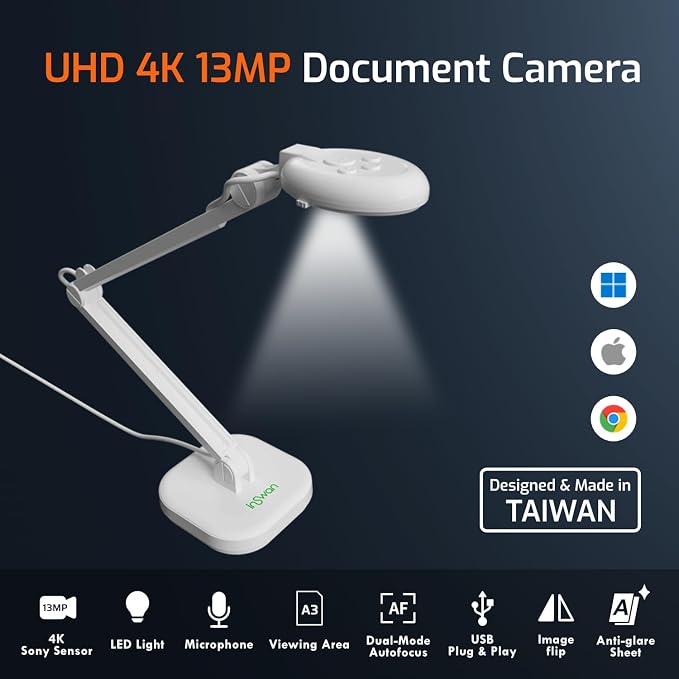 INS-2 UHD 4K 13MP Document Camera, Built-in LED, Mic, A3 Capture | Dual Auto‑Focus, Plug & Play, Compatible with Mac, Windows, Chromebook, Ideal for large documents, artworks, big classrooms - Image 2