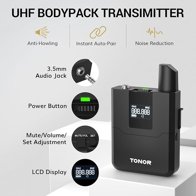 TONOR Wireless Microphones System with 8x12 Channels Headset/Lavalier Lapel Mics, Bodypack Transmitter, Receiver, 90 m/295ft UHF Range for Church Conference Performance Singing Karaoke PA Speaker - Image 3
