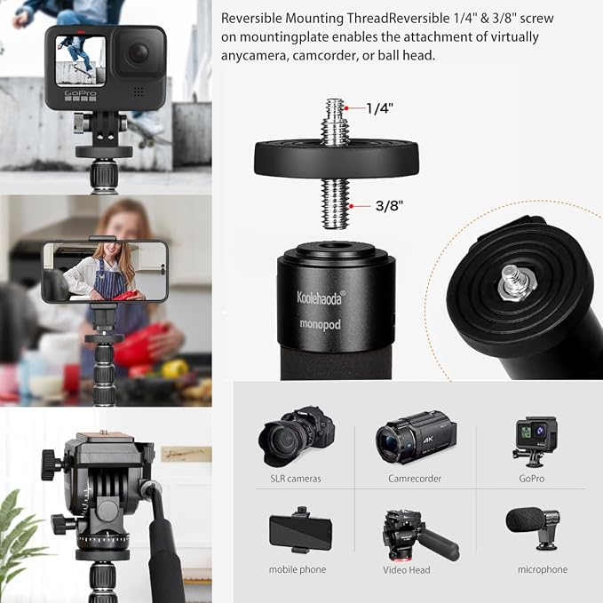 Koolehaoda 69" Camera Monopod with Removable Tripod Base, 6 Sections-Black | Aluminium Lightweight Portable Travel for DSLR Mirrorless Cameras and Camcorders Video Load up to 13lbs - Image 4