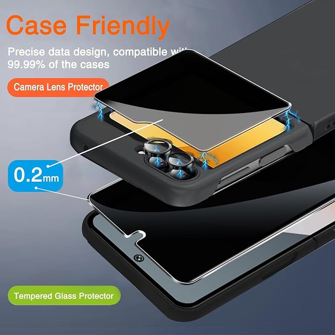 Ferilinso Privacy Screen Protector for Samsung Galaxy Z Flip 6/Z Flip 7 FE | 2 Pack, 9H+ Tempered Glass Back&Camera Lens Protectors, Military-Grade Shatterproof, Case Friendly, Easy Installation - Image 2