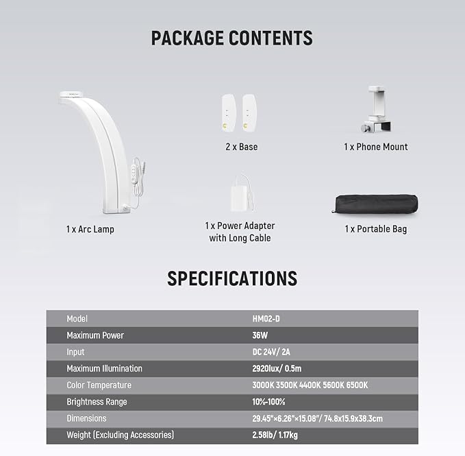 NEEWER Basics 29" Half Moon Nail Light for Desk, 36W Foldable Nail Tech Table Arc Lamp, LED Manicure Half Ring Light with Phone Holder for Makeup Beauty Tattoo Overhead Video Recording, HM02-D - Image 8