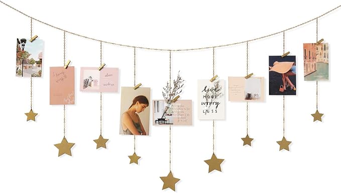 Mkono Hanging Photo Display, Boho Picture Wall Decor, 25 Wood Clips, Gold | Teen Girl Gift, Artworks Cards Holder, Wooden Stars, Metal Chains, Bedroom Living Room Dorm Office, Christmas Birthday by Mkono