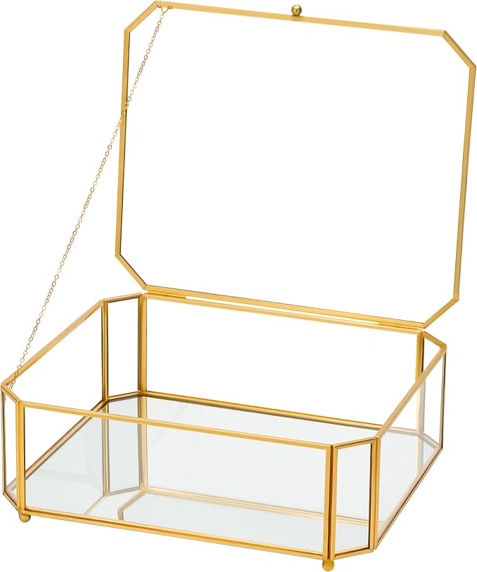 REDHUGO Large Glass Boxes for Display Handmade, Octagon, Gold | Handmade Glass Jewelry Box with Mirrored Bottom and Lid, Ideal for Trinkets, Photos, Keepsakes and Vanity Decor by REDHUGO