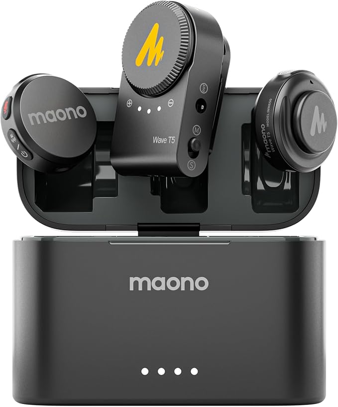 MAONO T5 Wireless Lavalier Microphone for Camera (2 TX+1 RX+Charing Case) | Magnetic Lapel Mini Mic with 48khz/24bit Audio, AI Noise Reduction,1000ft, 40H, Gain Knob for Video Recording Content Creator by MAONO
