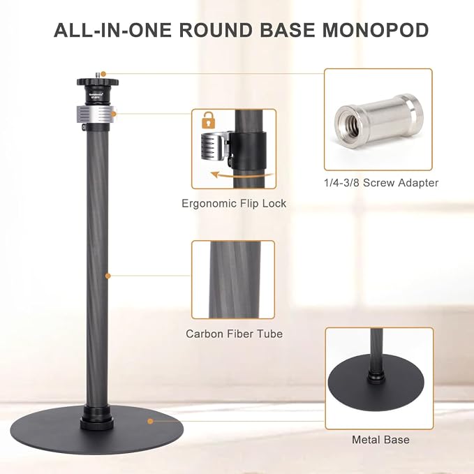 Koolehaoda Round Base Monopod 16"-28" Adjustable Tripod Stand for Desk | Carbon Fiber Tabletop Tripod with 1/4"-3/8" Thread for DSLR Camera Light Webcam for Live Streaming Vlogging, Payload 33lbs - Image 4