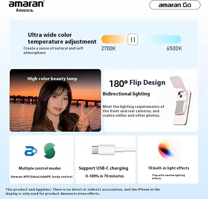 Amaran Go Magnetic Selfie Phone Light,Dual LED Light Source (Charcoal) | with Adjustable Mirror Light CCT 2700K-6500K,Rechargeable for Selfie,Makeup,Video Conference,TikTok,for iPhone & Android - Image 6