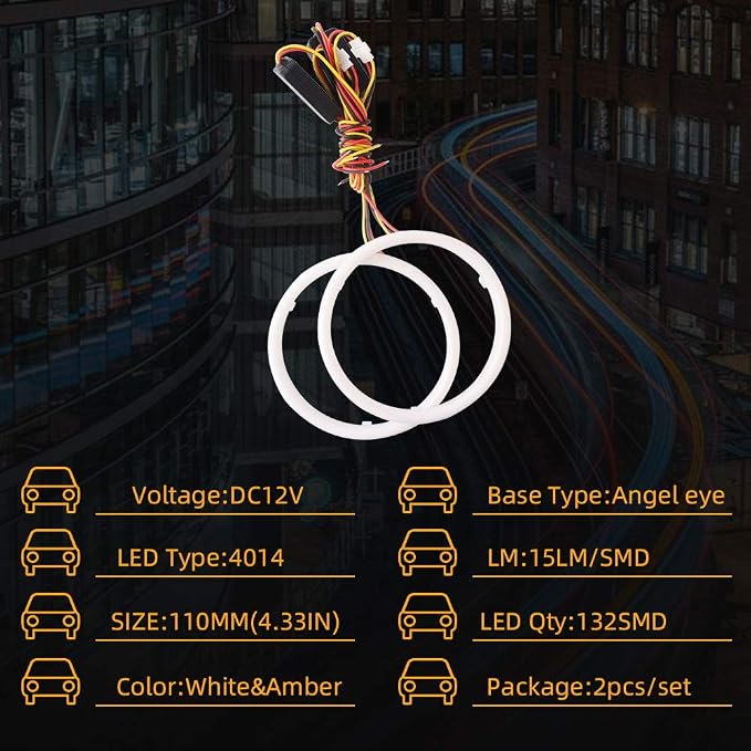 Qasim 1-Pair 110MM White+Amber Switchback 132SMD 4014 LED Halo Ring Angel Eye DRL Fog Light Turn Signal Lamp 12V - Image 2