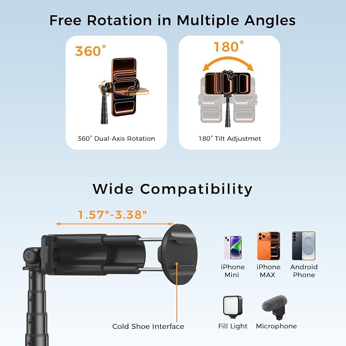 65" Automatic Phone Tripod,Auto-Open and Close Selfie Stick Tripod with Remote, Extendable Cell Phone Stand for iPhone & Android,Lightweight Selfie Stick for Creators,Vloggers,Travel,YouTube - Image 6