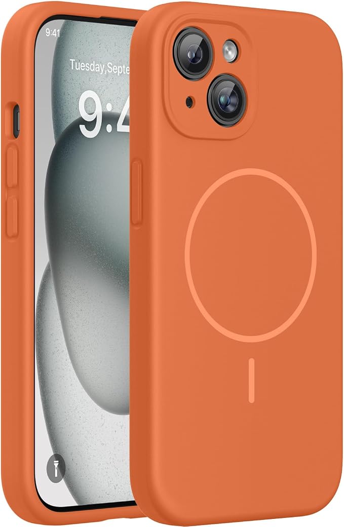 miracase Magnetic for iPhone 15 Case, [Soft Anti-Scratch Microfiber Lining], Compatible with MagSafe, Liquid Silicone Case Shockproof Drop Protection Phone Case for 15,Orange by Miracase