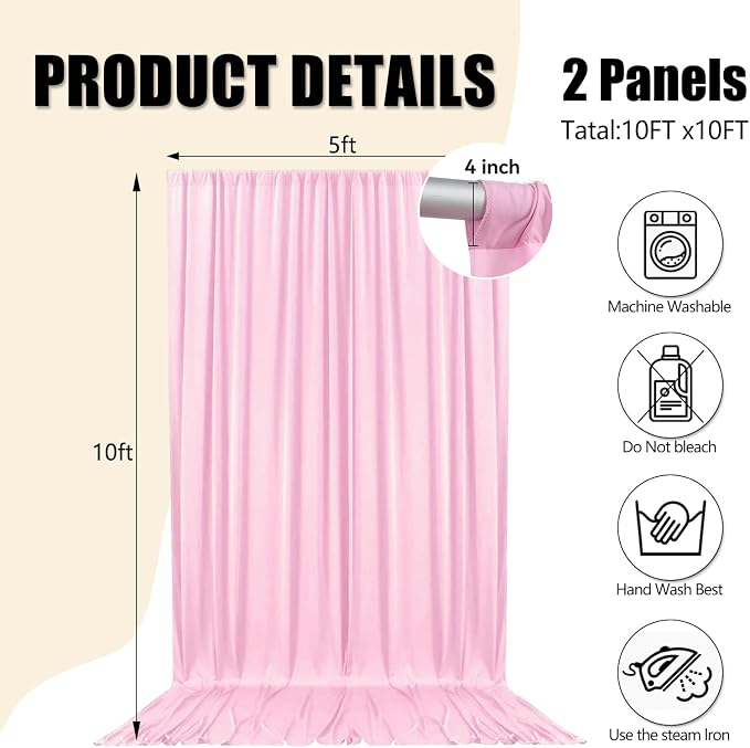 10ft x 10ft Light Pink Backdrop Curtains for Parties, Polyester Fabric Backdrop Drapes with Rod Pockets for Weddings, Birthday, Photography, Mother's Day, Graduation Party Background Curtain, 2 Panels - Image 2