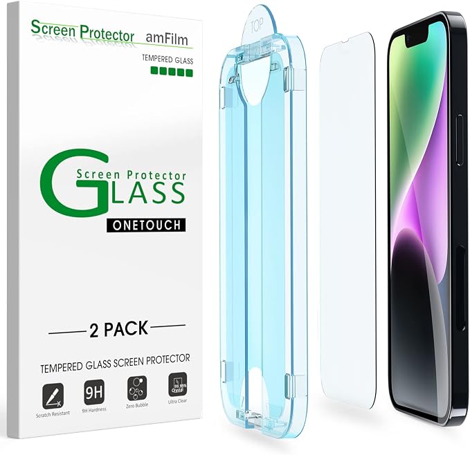 amFilm OneTouch for iPhone 14 Plus/iPhone 13 Pro Max 6.7" Screen Protector | Auto-Alignment, 30s Install, Bubble Free, 9H Hardness, Scratch & Drop Protection, HD Clear, Case Friendly, 2 Pack (13P-6.7'') by amFilm