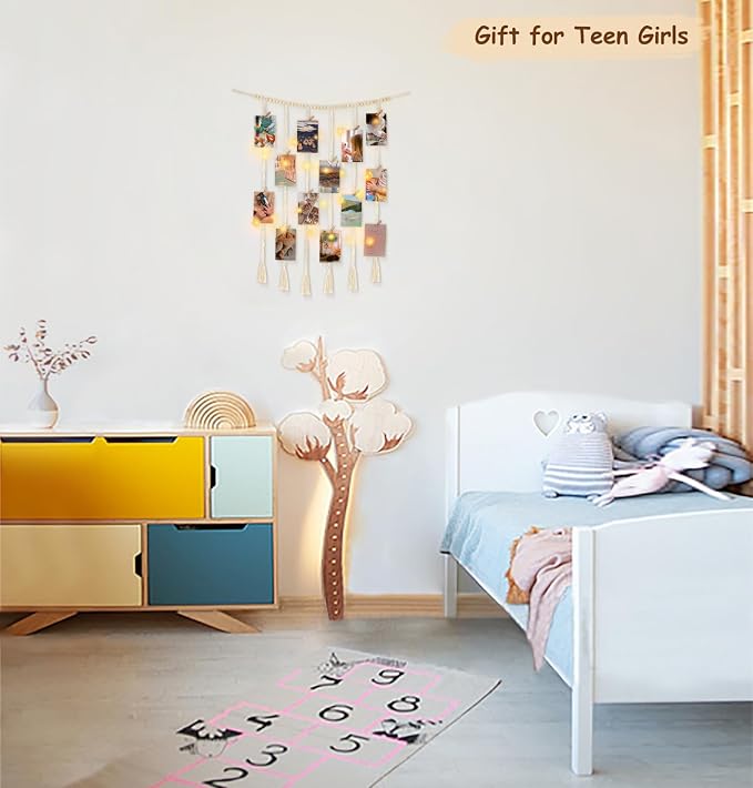 Mkono Hanging Photo Display, Boho Macrame Wall Decor with Lights, Ivory | 30 Clips, String Lights, Teen Girl Stuff Gifts, Wooden Beads Banner, Pictures Postcards Holder, Bedroom Living Room Dorm - Image 4