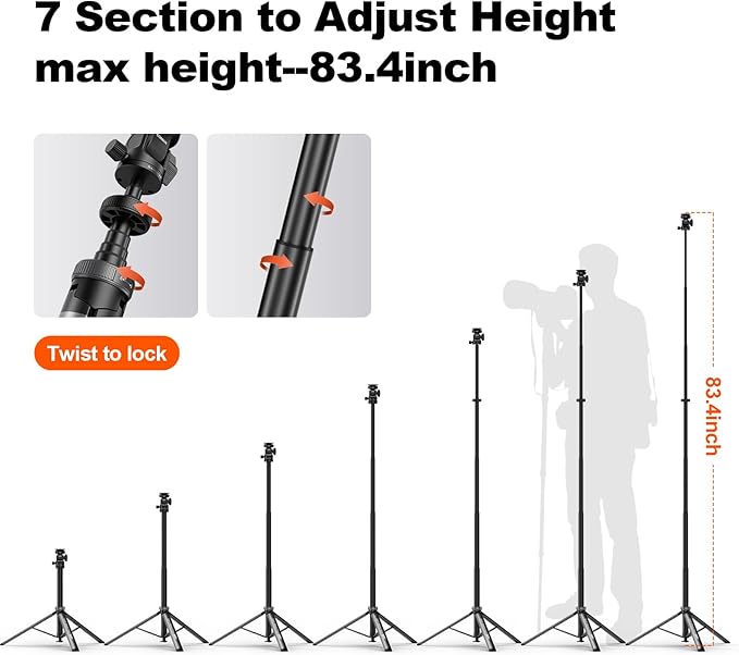 COMAN MT68 Auto-Open 83.4" Light Stand, for DSLR, iPhone, Action Cam, Light | 1/4" Ball Head with 2 QR Plates, Phone Clamp Included, Compact 18.5" Folded Storage, Portable 1.95 lbs, Sturdy Aluminum Build - Image 5