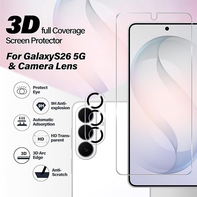 BIGFACE Galaxy S26 Tempered Glass Screen Protector + Camera Lens Protector [ 2 + 2 Pack ][Case Friendly] [Anti-Scratch] [Ultrasonic Fingerprint Unlock] Clear HD Protective Film for Samsung Galaxy S26 - Image 2