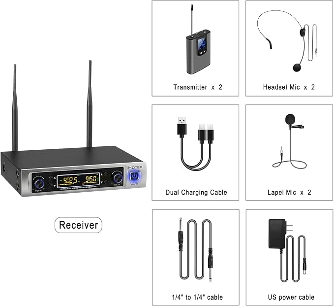 HOTEC UHF Wireless Microphone System with Dual Lapel/Lavalier and Headset Microphones Over PA, Mixer, Speaker, Karaoke Machine for Church, Training, Classroom, Interview (H-K25) - Image 9
