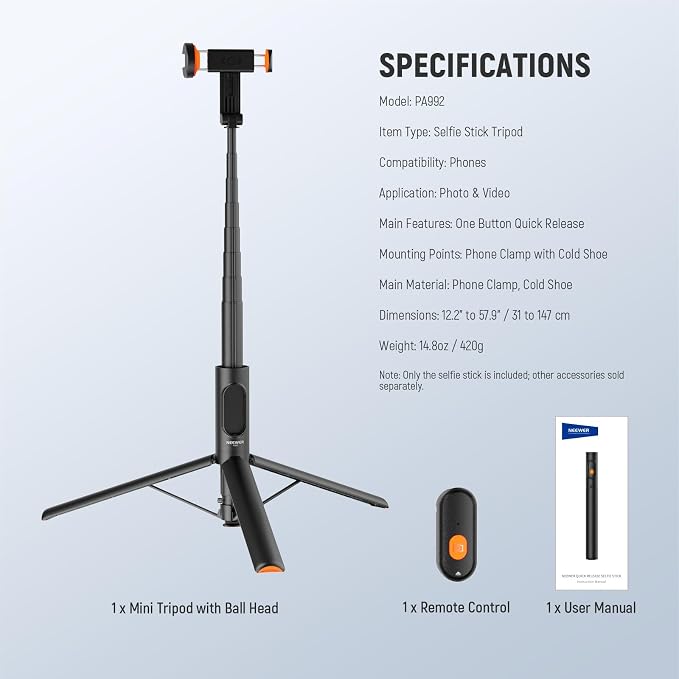 NEEWER 57.9" Selfie Stick Tripod Compatible with iPhone Samsung Android, Metal Portable Lightweight Travel Cell Phone Stand with Phone Holder Mount & Remote for Video Recording Filming, PA992 Black - Image 8