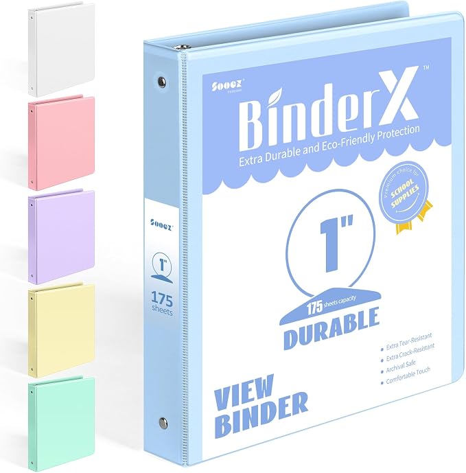 BinderX 3 Ring Binder 1 Inch, 1" Clear View Binder, Light Blue, Letter Size | Extra Durable, PVC-Free, Customizable, Interior Pockets, 175-Sheet Capacity, Eco-Friendly, Reinforced Hinge, School, Office by Sooez
