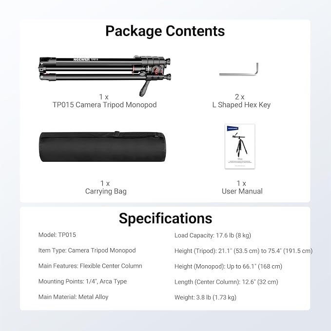NEEWER Basics Overhead Camera Tripod Monopod with Fluid Head & Horizontal Center Column, 75.4 Inch Tall Metal DSLR Video Travel Stand, Arca Type QR Plate & Reversible Legs, Max Load 17.6 lb, TP015 - Image 8