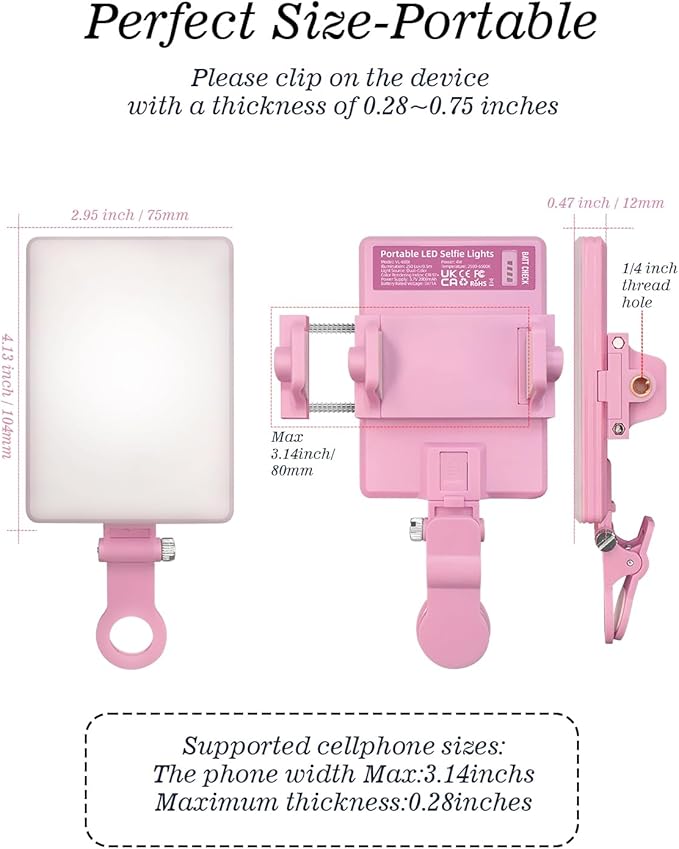 60 LED Portable Selfie Light Video Conference Lighting with Clip & Camera Tripod Adapter Rechargeable 2000mAh CRI 97+, 3 Light Modes for Phone iPhone Webcam Laptop Photo Makeup (Pastel Pink) - Image 7