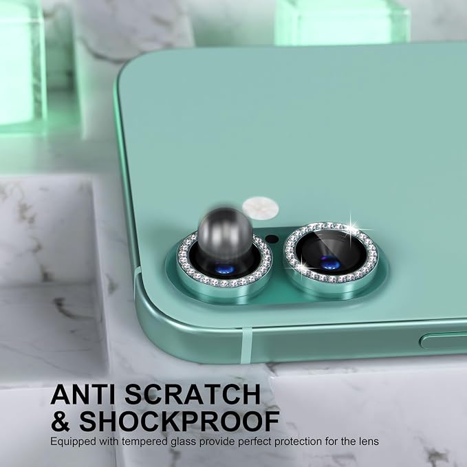 Choiche for iPhone 16/16 Plus Camera Lens Protector Bling, Diamond-Teal | Ultra HD, 9H Tempered Glass Camera Cover Screen Protector Metal Individual Ring Decoration Accessories, 2-Lens, 6.1/6.7-inch - Image 3