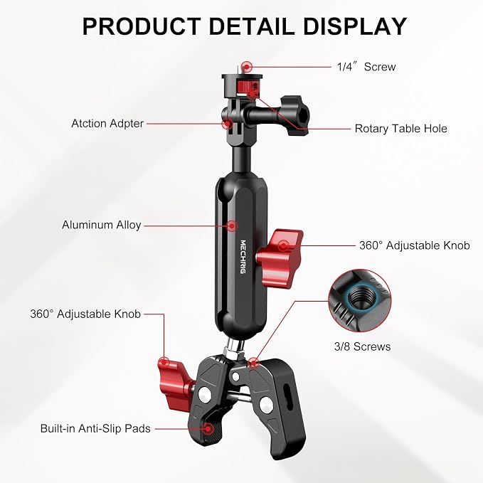Camera Mount Super Clamp, Double Ballhead Magic Arm Clamp for GoPrO/Pocket 3 /lnsta360 X3 X4 /DSLR/Monitor/LED Light/Flash/Microphone,360°Rotating & 1/4”Screw & CNC Ebike Handlebar Clip Kit, JC008 - Image 2