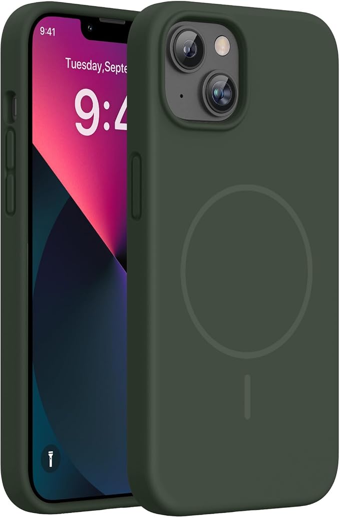 Miracase Silicone & Magnetic for iPhone 13 Case, Dark Green | Compatible with MagSafe, Soft Microfiber Lining, Premium Silicone Cover Shockproof Drop Protection Phone Case for 13 by Miracase