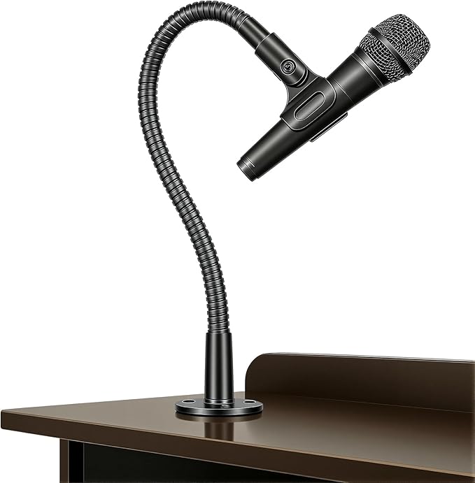 KF25 13-Inch Heavy-Duty Gooseneck Mic Stand with Flange Mount for Podium | Microphone holder for compact lecterns and desks, up to 3.2 lb, with mic clip, 5/8-to-3/8 adapter, and 10 cable ties by Angksorm