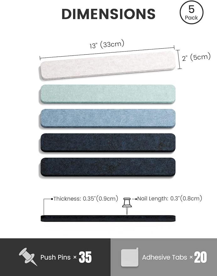 Fluxynara 13" x 2" Felt Wall Panels, Ocean Gradient | 5-Pack Includes 35 Push Pins and Adhesive Tabs for Photos, Notes and Decor in Bedroom Doors, Home Office or Studios - Image 2