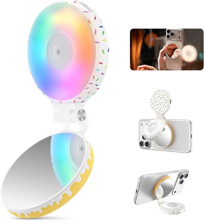 TELESIN Magnetic Selfie Light for iPhone Magsafe and Android | 360° Rotating Full Color RGB Phone Light with Mirror & Stand, LED Selfie Ring Fill Light for Pictures, TikTok, Vlog, Makeup by telesin