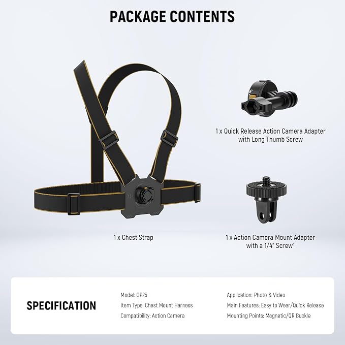 NEEWER Chest Mount Harness for Action Camera,Adjustable Hand Free Chest Strap Compatible with GoPro Hero DJI Osmo Insta360,Magnetic Release Action Camera Chest Mount for Point of View Video Vlog,GP25 - Image 8