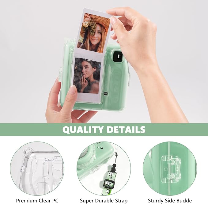 Fuji Mini SE Clear Case, Hard PC Protective Case for Instax Mini SE Instant Camera with Cute Cartoon Sticker & Adjustable Shoulder Strap - Green Lovely Panda - Image 3