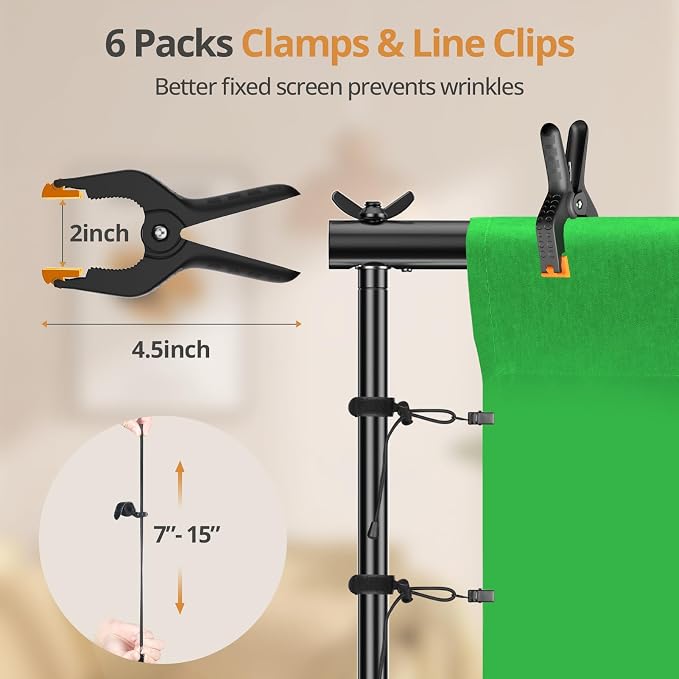 10x7ft Photo Backdrop Stand Kit with 6x9ft Green Backdrop Screen | Portable Photography Frame, Adjustable Support kit with 6 Clamps, Carry Bag for Photo, Video Recording, Streaming, Decoration - Image 5