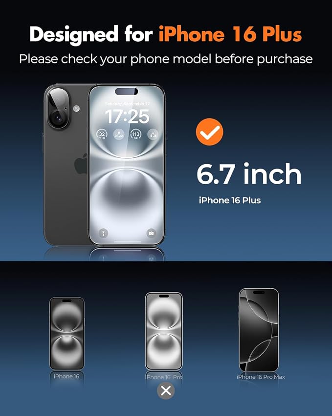 UNBREAKcable iPhone 16 Plus Screen Protector & Camera Lens Protector | Upgraded Dual-Tempered Glass with Military-Grade 9H Hardness, 3-Pack,HD Clarity, Anti-Fingerprint, Case Friendly, Fits 6.7'' - Image 2