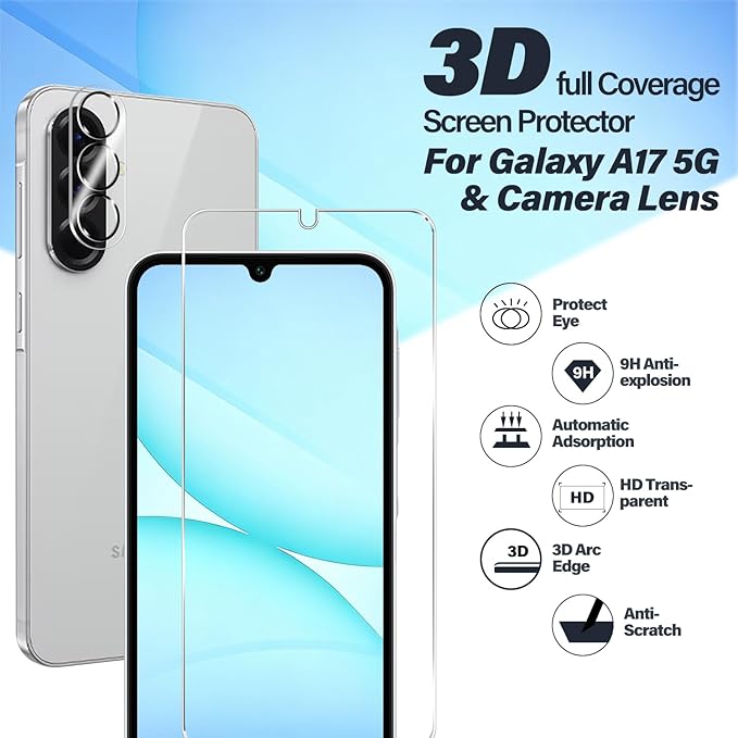 BIGFACE Galaxy A17 Tempered Glass Screen Protector + Camera Lens Protector [2 + 2 Pack][Case Friendly][Anti-Scratch][Ultrasonic Fingerprint Unlock] HD Protective Film for Samsung Galaxy A17 - Image 2