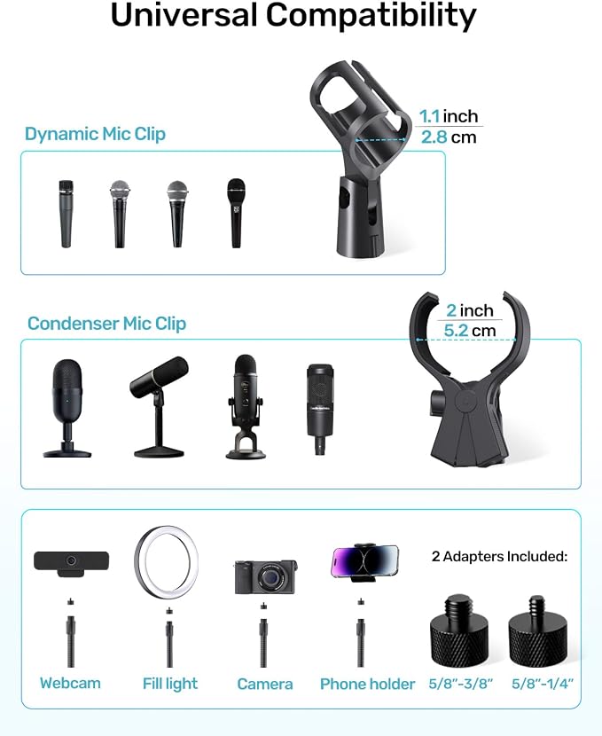 19-in Gooseneck Mic Stand with Desk Clamp, 3/8 & 1/4 Adapters, 360° Swivel | Upgraded Clamp, Heavy Duty & Flexible Arm for Podium, Pulpit, Lecture, Podcast, Sturdy Clamp, Universal Fit for Most Mics - Image 7