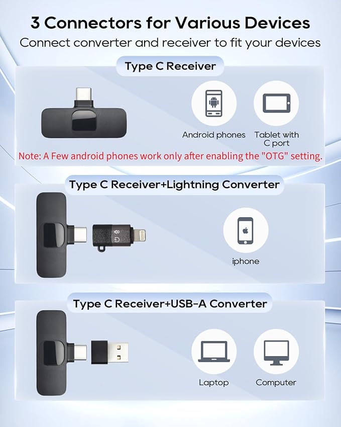 Mini Microphone for iphone Android Phone Tablet ipad PC, Usb C Wireless Lavalier Mic for Video Recording Vlogging Youtube Tiktok Podcast Interview content creators, Tiny Microphones Clip on Mics Black - Image 3