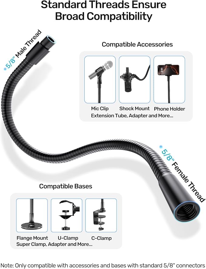 19" Microphone Gooseneck Extension, 5/8-27 Thread, 360° Swivel, Heavy Duty | 2.5 lb High Load Capacity, Flexible Metal Arm, Durable Build, Supports Mic/Webcam/Phone for Podium, Lecture, Recording, DIY - Image 5