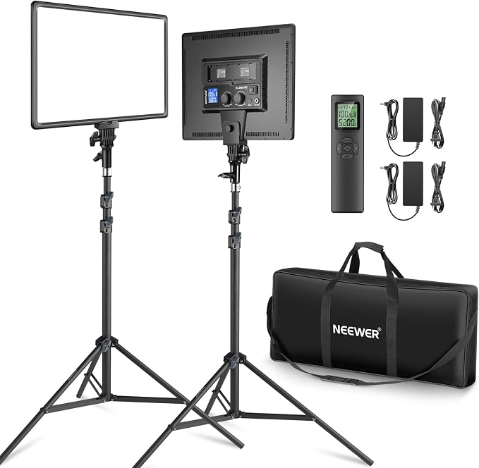 NEEWER 18" LED Video Light Panel Key Lighting Kit with Remote, 2 Pack, 45W | Dimmable Bi Color, Tripod Stand, 3200K-5600K, Soft Light, CRI97+ 4800Lux for Game Streaming Studio Photography Recording by Neewer