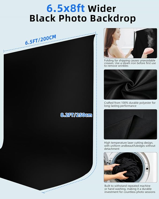 Hemmotop Black Backdrop with Stand, 8x7.5ft Photography Background Kit | Sturdy Threaded Connection Stand, Draped Polyester Fabric, Perfect for Wedding Birthday Graduation Party Banquet Decorations - Image 8