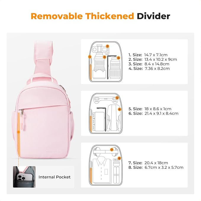 K&F CONCEPT Camera Sling Bag, Compact Crossbody Bag for DSLR Mirrorless | Lightweight Fabric, with Tripod Holder, Quick Access & Custom Dividers, Men & Women, for Sony Canon Nikon, Light Pink, BS06 - Image 2