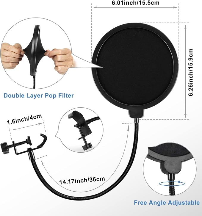 Multifunctional Desktop Microphone Stand, Adjustable Mic Stand Desk with Pop Filter, Shock Mount, Microphone Clip, 5/8" to 3/8" Metal Screw Adapter (Pack of 2) - Image 4