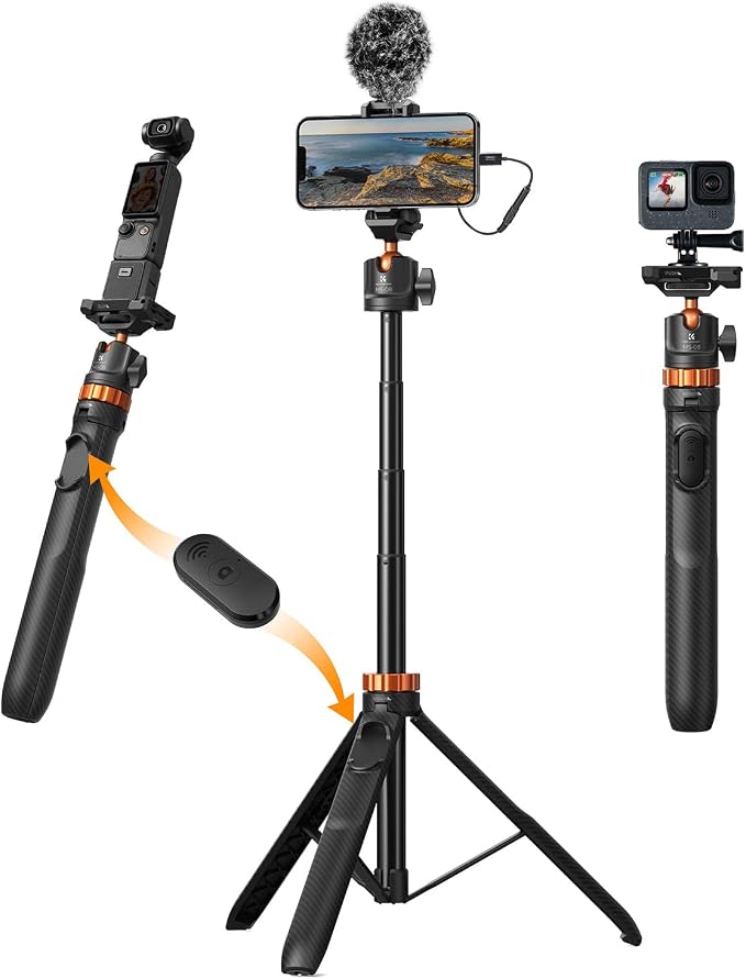 K&F CONCEPT 62'' Phone Selfie Stick Tripod | 360° Ball Head Camera Tripod with Remote, 2-in-1 Phone Holder Compatible with DJI Osmo Pocket 4/3 Insta360 Luna Ultra. MS08 by KFCONCEPT