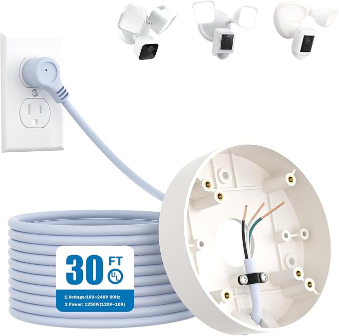 Plug-in Mount for Floodlight Cams with 30ft/9m Weatherproof Power Cable for Floodlight Cam Wired Plus/Pro,WYZE Floodlight Camera v2/Pro,Blink Wired Floodlight Camera,Electrical Box and Cord Kit by iTODOS