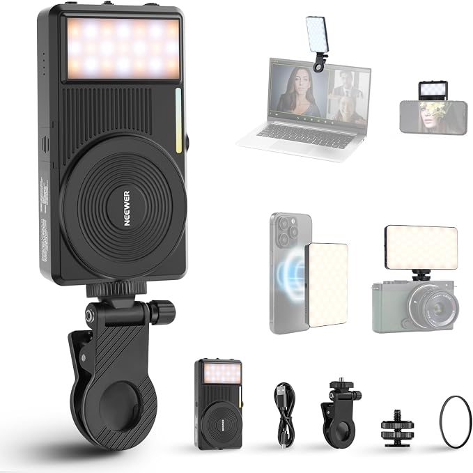 NEEWER Basics 5W Magnetic Phone Selfie Light for iPhone MagSafe, Dual Sided Clip LED Lighting 402lx/0.5m CRI90+ 3000mAh for Camera Recording Computer Video Conference Makeup Streaming, NL129D by Neewer