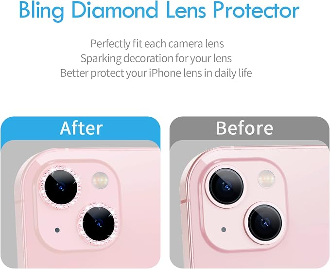 for iPhone 13/13 Mini Camera Lens Protector Bling Diamond, Pink | Individual Metal, 9H Hardness, Scratch Resistant, Shockproof, Drop Protection, Case Friendly, Stylish Accessories - Image 3