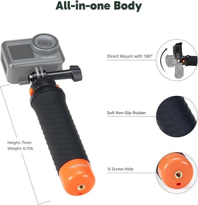 AKASO Waterproof Floating Hand Grip Action Camera Accessories | Compatible with EK7000/EK7000 Pro/Brave 4/Brave 7 LE/Brave 7/Brave 8/V50X/GoPro Hero 13 12 11 10 9 /DJI Osmo Action Camera - Image 2