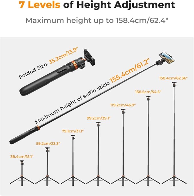 K&F CONCEPT 62'' Phone Selfie Stick Tripod | 360° Ball Head Camera Tripod with Remote, 2-in-1 Phone Holder Compatible with DJI Osmo Pocket 4/3 Insta360 Luna Ultra. MS08 - Image 2