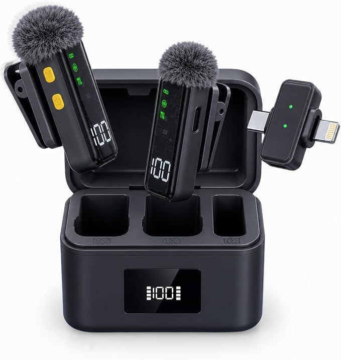 2 Mini Wireless Microphones for iPhone/Android, AI Noise Reduction | Plug & Play, 20H Battery with Charging Case, Portable Clip-On Lavalier Mic for Content Creators, Podcast, Streaming, Vlogging by Unknown