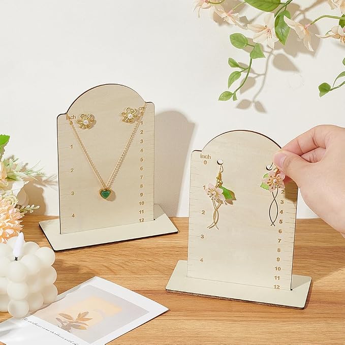 FINGERINSPIRE 2 Pcs Earring Measurement Display Stand 5.1x2.4x6.3 Wood Ear Stud Stand Earring Organizer Frame with Measurement Floral White Arch-Shaped Earring Holder for Measuring Selling Earring - Image 3